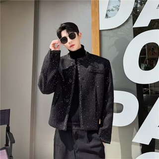 春秋輕奢高階感外套男士 韓版潮流時髦亮絲外套 簡約黑色短版夾克男M--3XL 高階感外套