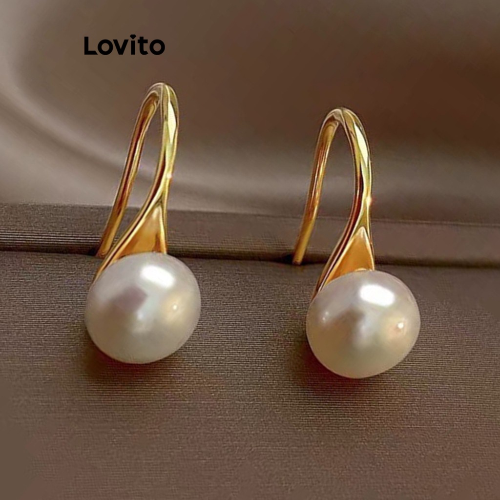 Lovito 女士優雅素色珍珠金屬耳環 LFA06305 (金色)