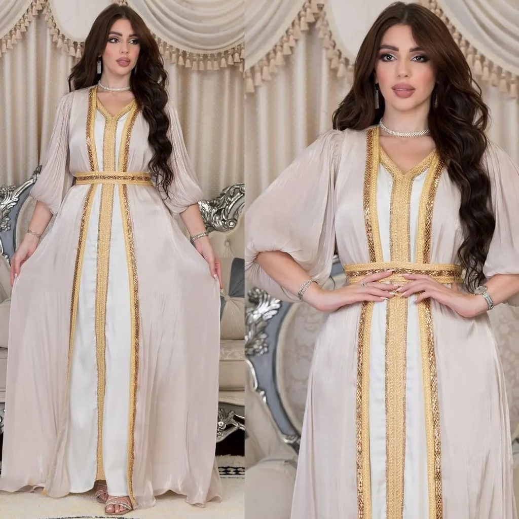 沙漠迪拜旅遊服飾中東阿拉伯長袍土耳其女裝亮絲緞面三件式洋裝