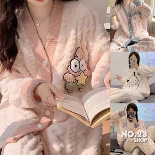 冬天女生睡衣 保暖居家服 加厚刷毛 法蘭絨 可愛卡通 甜美少女 珊瑚絨 長袖長褲套裝 寬鬆可外穿 翻領小外套 圓領套頭