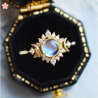 ❤ 原創熱賣雙重月亮女神月光石鑲鑽戒指女飾品