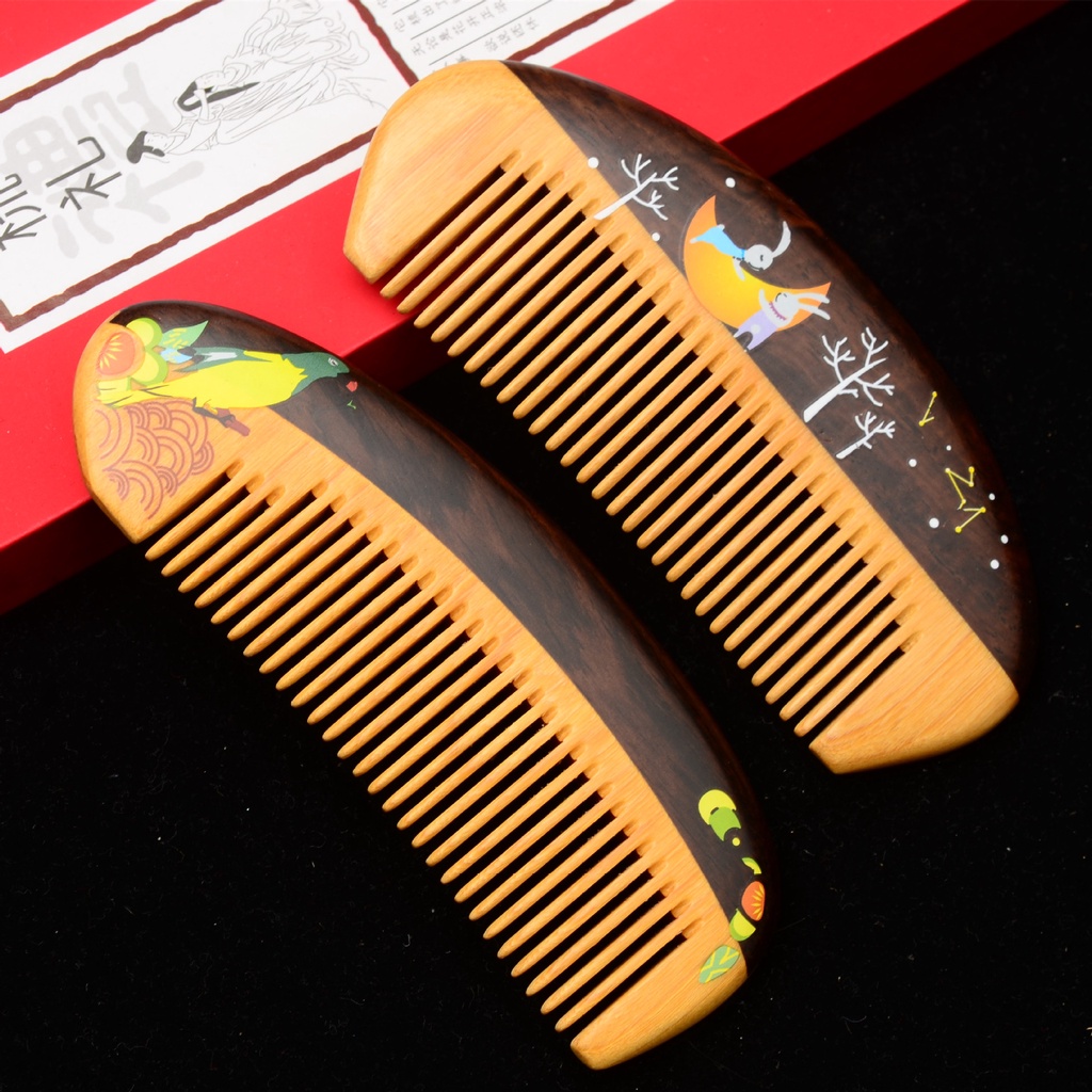 禮品梳子 黑檀木黃楊木拼接彩繪動物造型木梳 防靜電實木梳子