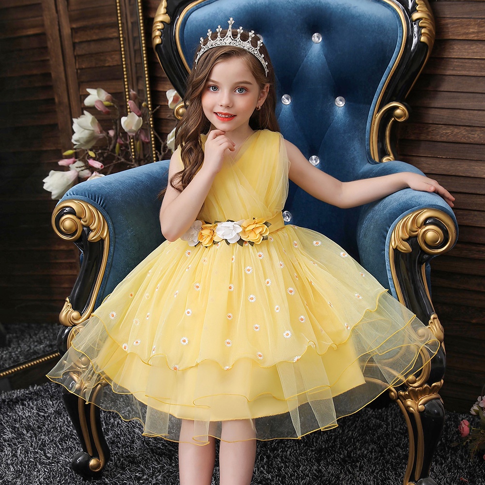 兒童禮服公主裙女童走秀表演服黃色碎花洋裝超仙無袖公主裙 YIUG