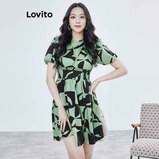 Lovito 大尺碼女式波西米亞幾何荷葉邊下擺泡泡袖洋裝 LBE01116 （綠色）