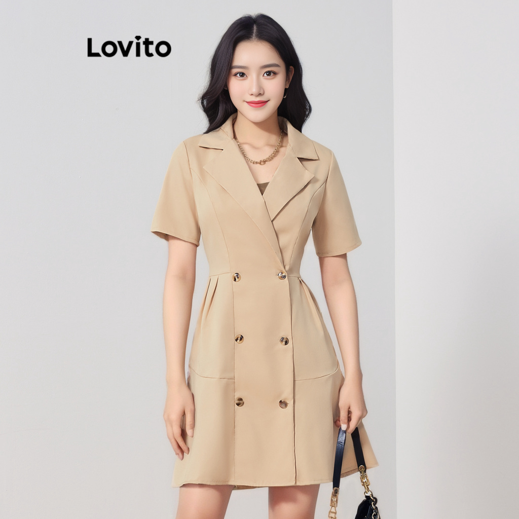Lovito 女款優雅素色雙扣缺角領連身裙 LBL07192