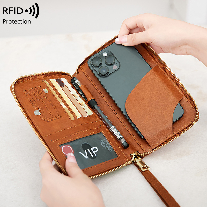 Rfid 長款護照夾票據收納證件袋多功能旅行拉鍊護照袋