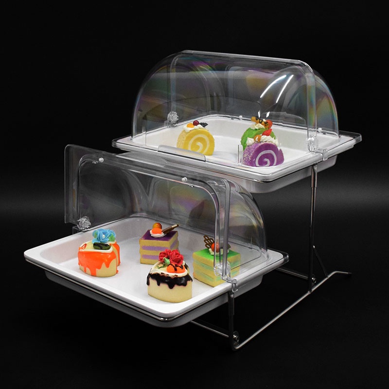 免運 自助餐甜品展示架台雙層透明防塵罩翻蓋密胺蛋糕點心涼菜托盤商用