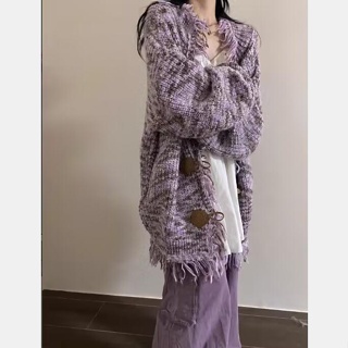 紫色 流蘇 牛角扣 針織 開衫 女 秋季 小眾 復古 設計感 寬鬆 慵懶 毛衣 外套 潮