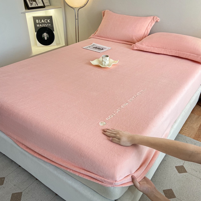 簡約素色刺繡牛奶絨床包 加厚法蘭絨床單 床罩 單人 雙人 加大 特大床包 6*7暖絨床包 法蘭絨枕套
