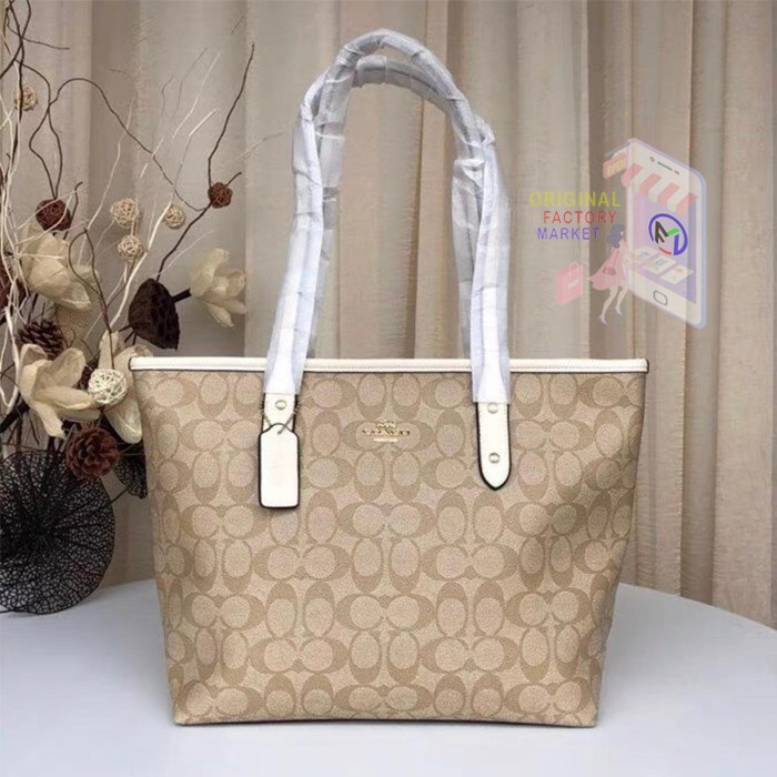 蔻馳 Original Tas Coach F58292 Tote City Zip 簽名卡其色粉筆白色