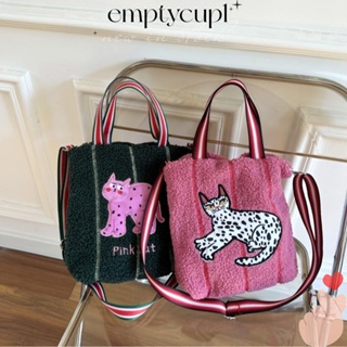 EMPTYCUP羊羔絨提包,毛絨軟刺繡手提包,可愛貓購物袋