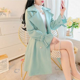 S-3XL 女式風衣長款甜美春秋時尚休閒優雅修身寬鬆商務辦公工作風衣外套加大碼綠色米色