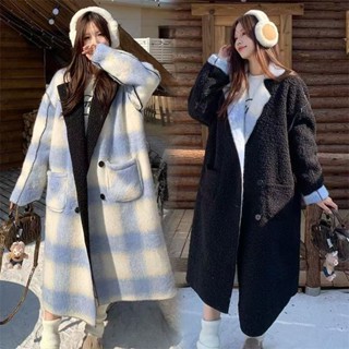 半隻桃~藍色格紋撞色慵懶風連帽毛呢外套女新版韓版氣質寬鬆呢子大衣小香風毛呢大衣 毛呢西裝外套 風衣外套 寬鬆 SHQ0