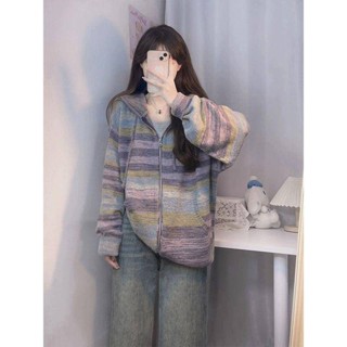 🌟Lovely愛出貨🌟撞色條紋軟糯毛衣針織衫連帽開衫女裝秋季新款小眾休閒外套韓版 港版 小香 東大門款