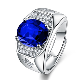 新款男戒指 鍍仿18K彩色寶石戒指 開口鑲嵌藍寶石男士戒指十字架個性潮男戒指環