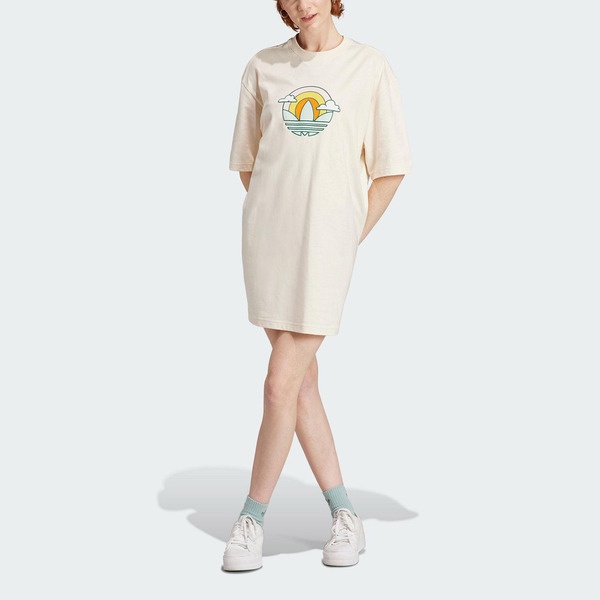 Adidas Tee Dress IN4138 女 連身洋裝 長版 亞洲版 休閒 復古 柔軟 棉質 舒適 穿搭 米