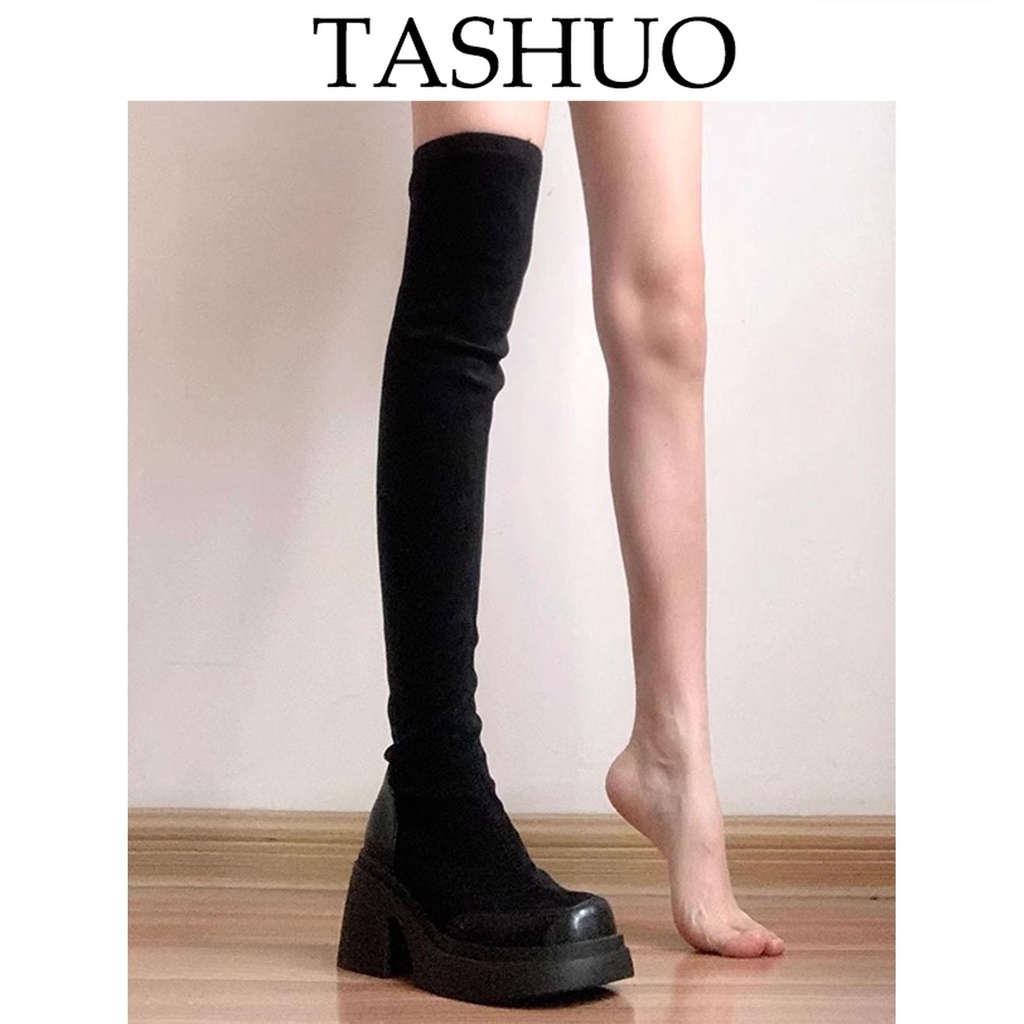 TASHUO  過膝長靴女新款彈力過膝靴甜酷顯瘦襪靴粗跟增高長筒靴瘦瘦靴ins