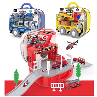 DIY 汽車拼裝道路玩具 兒童過家家玩具 警察工程消防主題汽車玩具 手提收納軌道停車場玩具車