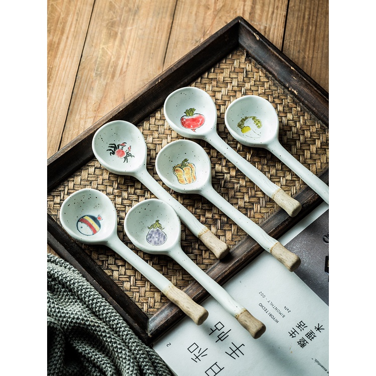 日式粗陶長柄勺高顏值喝湯小勺子 陶瓷甜品勺家用湯匙湯匙