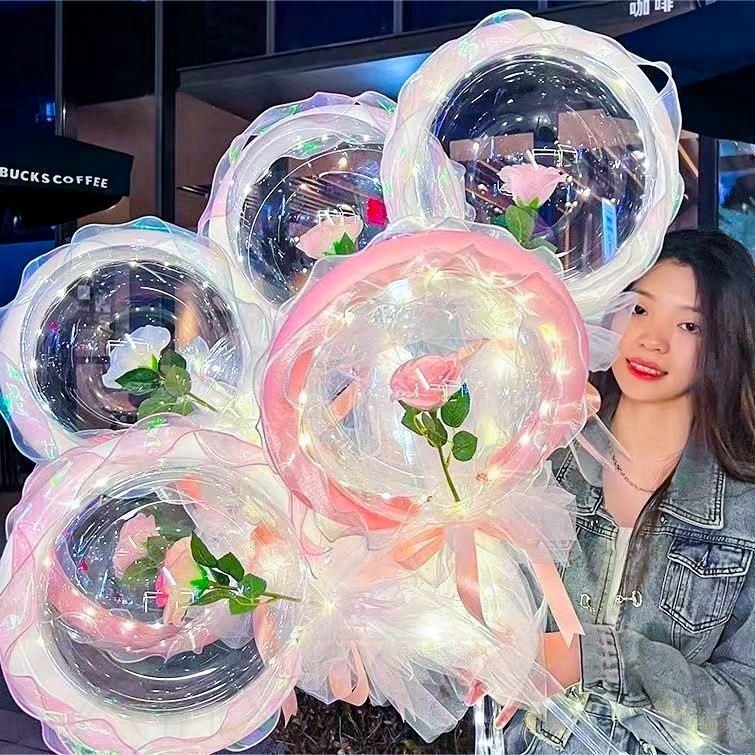 1 套 DIY 浪漫花朵波波球燈 - 情人節婚禮派對裝飾 - 粉色黃色藍色玫瑰花束手持氣球 - LED 夜光玫瑰氣球