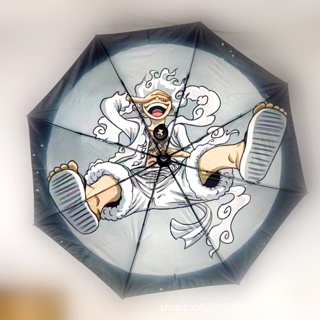 動漫卡通遮陽傘 路飛五檔圖案遮陽傘 黑膠防晒雨傘 摺疊半自動傘 海賊王晴雨傘