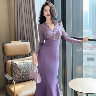 紫色秋冬裝新款法式V領洋裝 蕾絲長袖拼接收腰魚尾洋裝