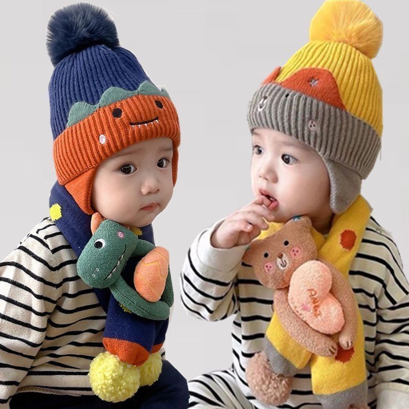 嬰兒帽子 寶寶帽子 保暖帽子 兒童帽子冬季加厚保暖套頭帽寶寶時尚護耳圍巾兩件套針織毛線帽萌