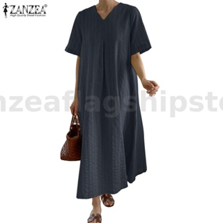 Zanzea 女式韓版寬鬆半袖 V 領百褶連衣裙