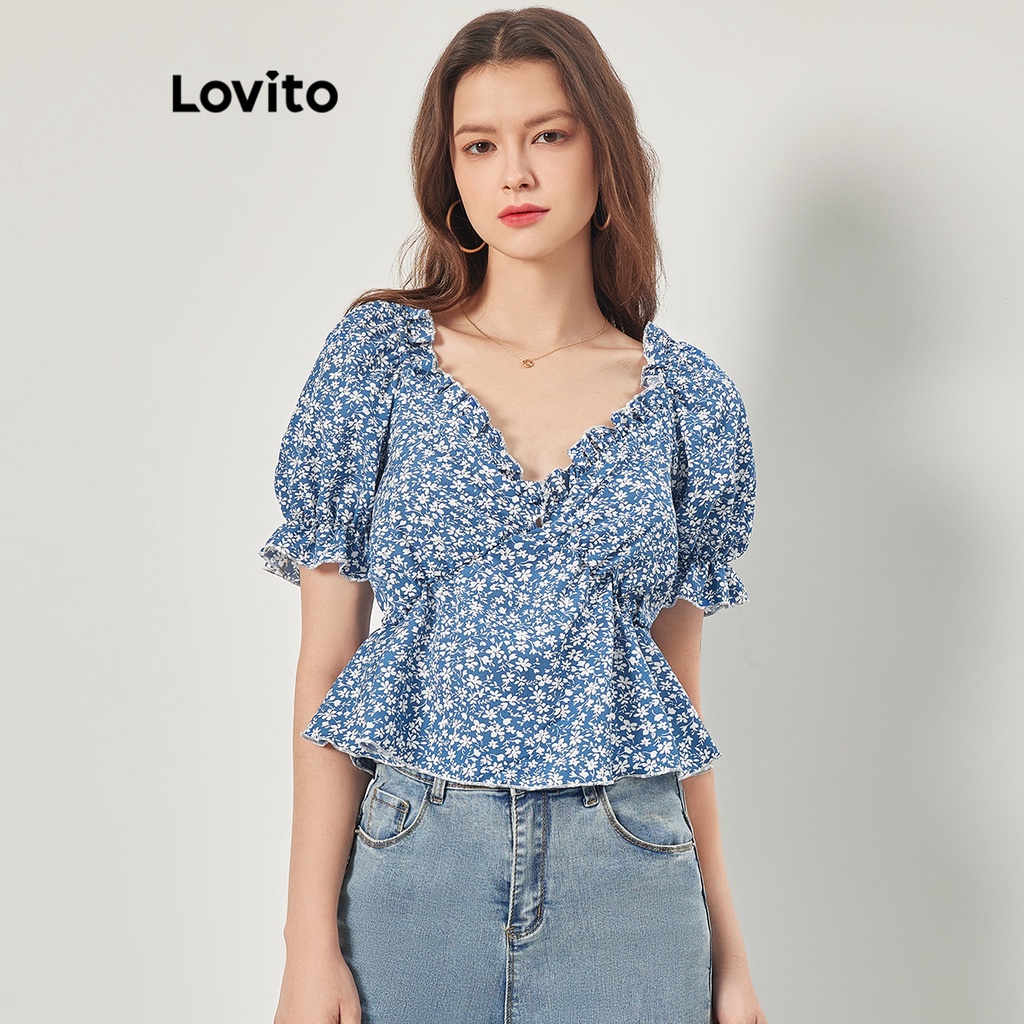 Lovito 花卉荷葉邊生菜裝飾泡泡袖女襯衫 L68ED023 (藍色)