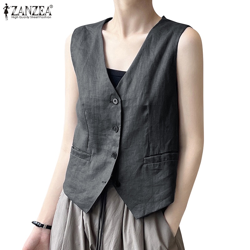 Zanzea 女式韓版休閒純色 V 領無袖鈕扣襯衫