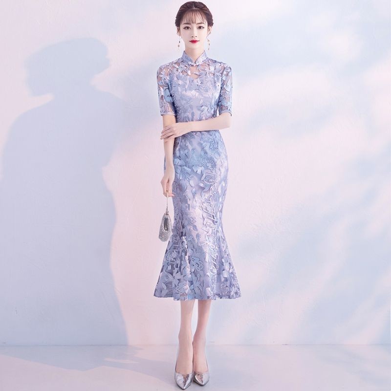 旗袍中長款魚尾改良版少女年輕款洋裝顯瘦中國風宴會走秀禮服女