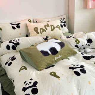 ins風可愛熊貓牛奶絨大版混搭枕套四件組 秋冬加厚保暖床包組 法萊絨床包被套組 卡通床包組 單人/雙人/加大雙人床包