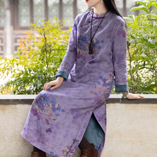 中式復古印花長袖洋裝冬刷毛加厚氣質長裙