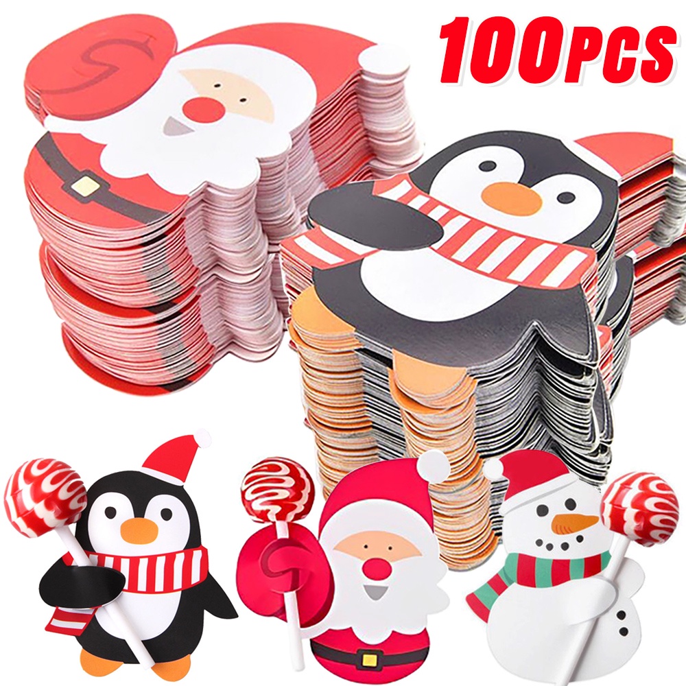 100 件裝聖誕老人紙棒棒糖卡片聖誕糖果包裝卡片夾 DIY 包裝新年派對裝飾用品