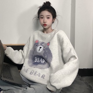 可愛卡通小熊字母印花設計感韓版圓領毛衣女秋季寬鬆長袖上衣