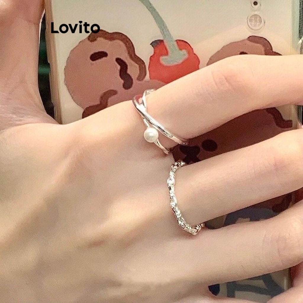 Lovito 女士休閒素色幾何珍珠戒指 LFA09475