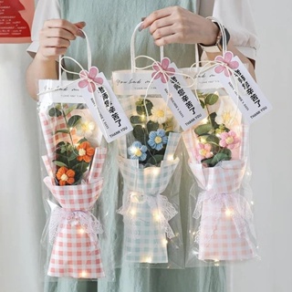 手工編織鮮花針織花束帶led燈情人節禮物創意手工禮品家居裝飾