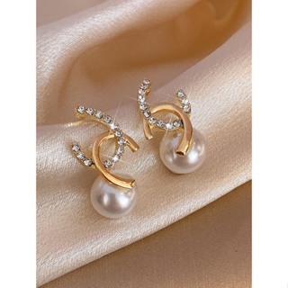 字母鑲鑽雙C珍珠耳環 2024新款耳環 韓國耳飾 女士飾品