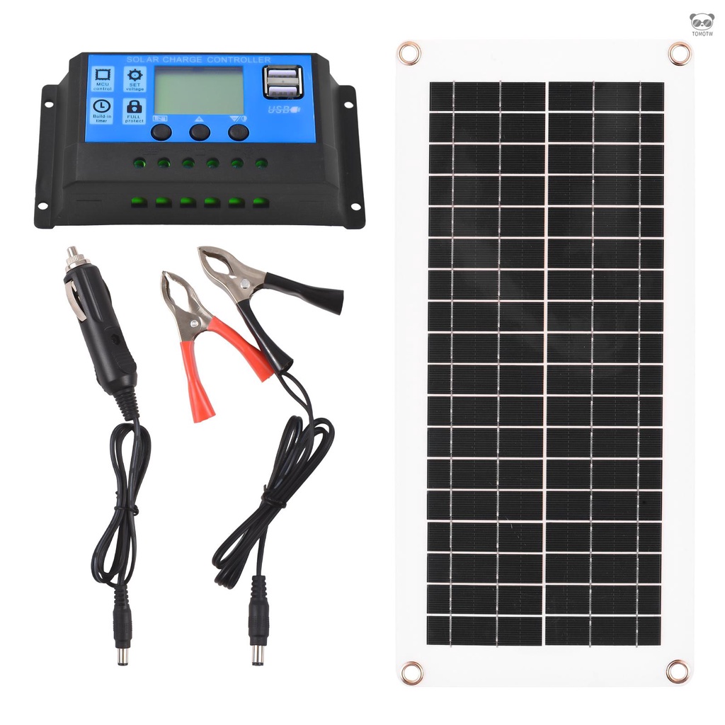 20W多晶硅太陽能板套件IP6防水 12V 雙USB輸出電池板控制器帶300W 60A PWM控制器/2個鱷魚夾/4個吸