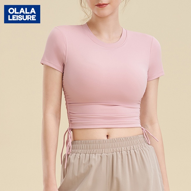 OLALA  夏季帶固定胸墊顯瘦運動T恤抽繩瑜伽服上衣女短袖跑步訓練健身服