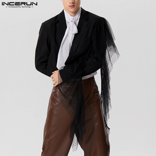 Incerun 男士復古時尚鏤空短拼接蕾絲波點紗長袖西裝外套