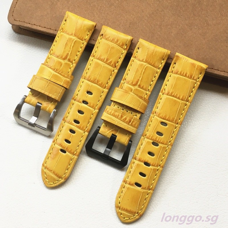 個性鱷魚紋黃色竹節小牛皮真皮手錶帶適配沛納海PAM312 111 24mm