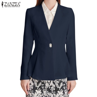 Zanzea 女式韓版 V 領長袖鈕扣腰部褶襉西裝外套