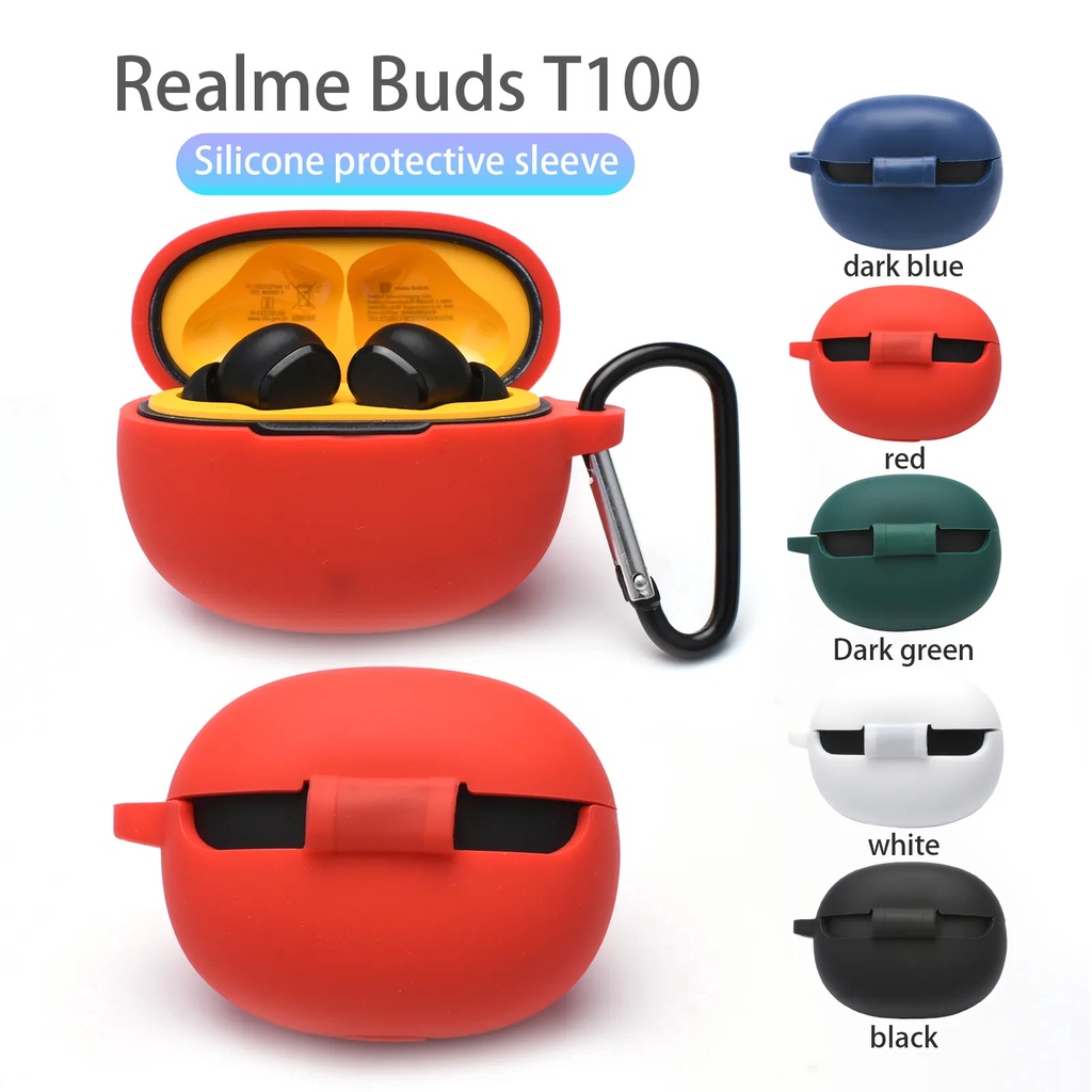 適用於 Realme Buds T100 軟硅膠防摔耳機殼 真我Buds T100 純色保護套帶掛鉤