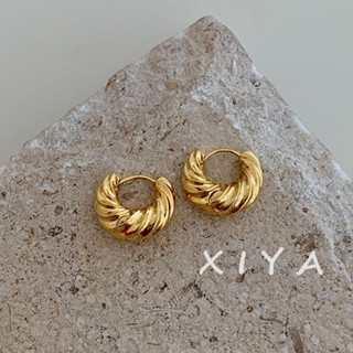 XIYA 復古法式金屬麻花圓圈耳扣 秋冬小巧精緻氣質百搭耳環