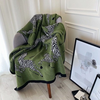 [Pearyee] 復古春秋空調蓋毯中古綠色斑馬針織休閒沙發裝飾毯北歐風新款包郵