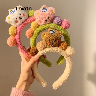 Lovito 可愛卡通圖案毛絨秋冬小熊女髮帶 LFA06183 (棕色/米白色/粉色/綠色)