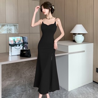 【晴天.Studio】茶歇法式紅色吊帶連衣裙 S-XL 韓版名媛氣質性感禦姐包臀長裙子 無袖洋裝 小黑裙 洋裝長裙