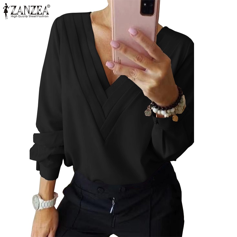 Zanzea 女式複古時尚 V 領拼接長袖純色襯衫