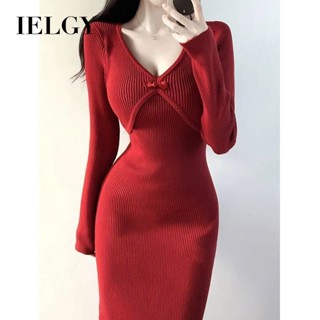 IELGY 新中式複古紅色改良針織旗袍女搭扣修身提臀連衣裙